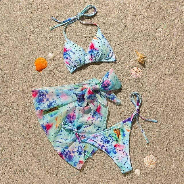 3-teiliger Damen Bikini, moderner Badeanzug für Damen, hoch geschnitten, Neckholder-Bademode, Damen-Bikini-Sets mit Wickelrock, Schnürung, Strings, hoch geschnittenes Bikini-Set, Badeanzug, Damen-Triangel-Badeanzug rückenfrei