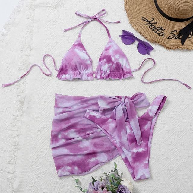 3-teiliger Damen Bikini, moderner Badeanzug für Damen, hoch geschnitten, Neckholder-Bademode, Damen-Bikini-Sets mit Wickelrock, Schnürung, Strings, hoch geschnittenes Bikini-Set, Badeanzug, Damen-Triangel-Badeanzug rückenfrei
