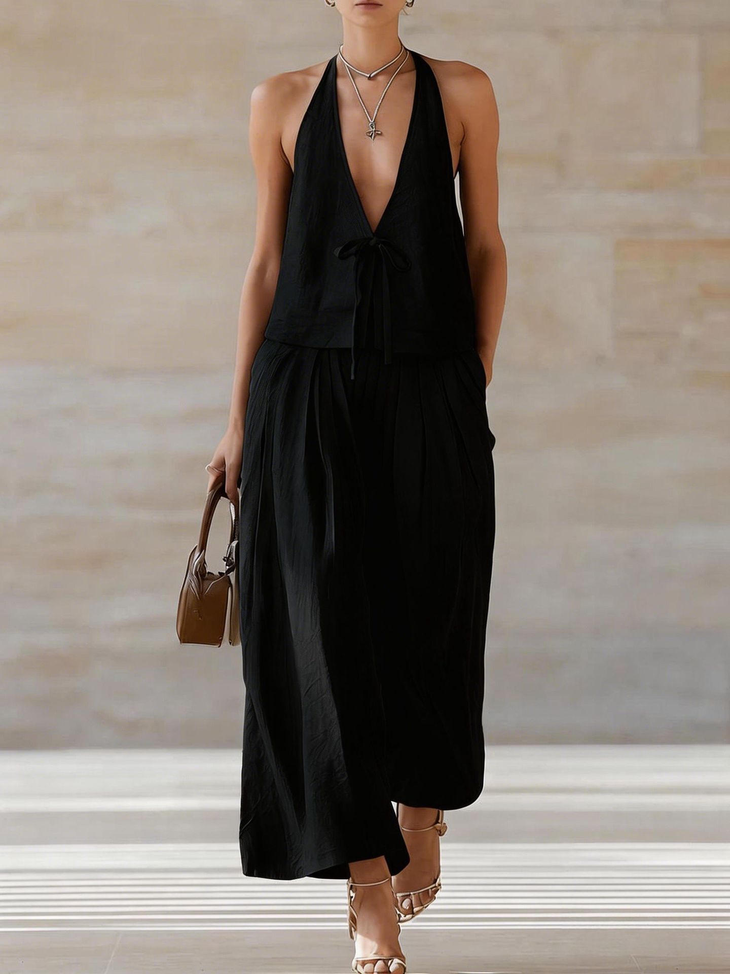 Damen-Set aus ärmelloser Weste und weit geschnittener Hose – 2-teiliges Outfit mit Schnürung