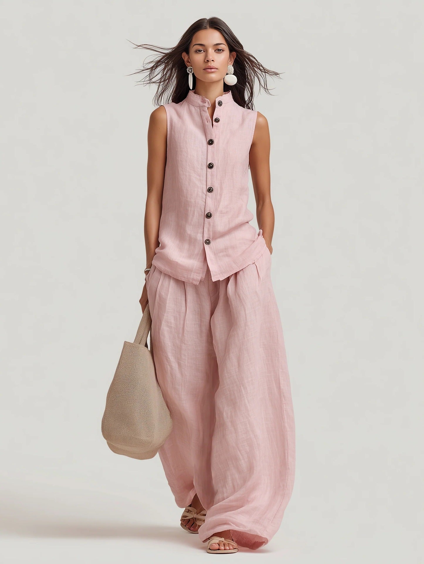 Damen-Set mit stehkragenlosem Oberteil und High-Waist-Hose mit weitem Bein