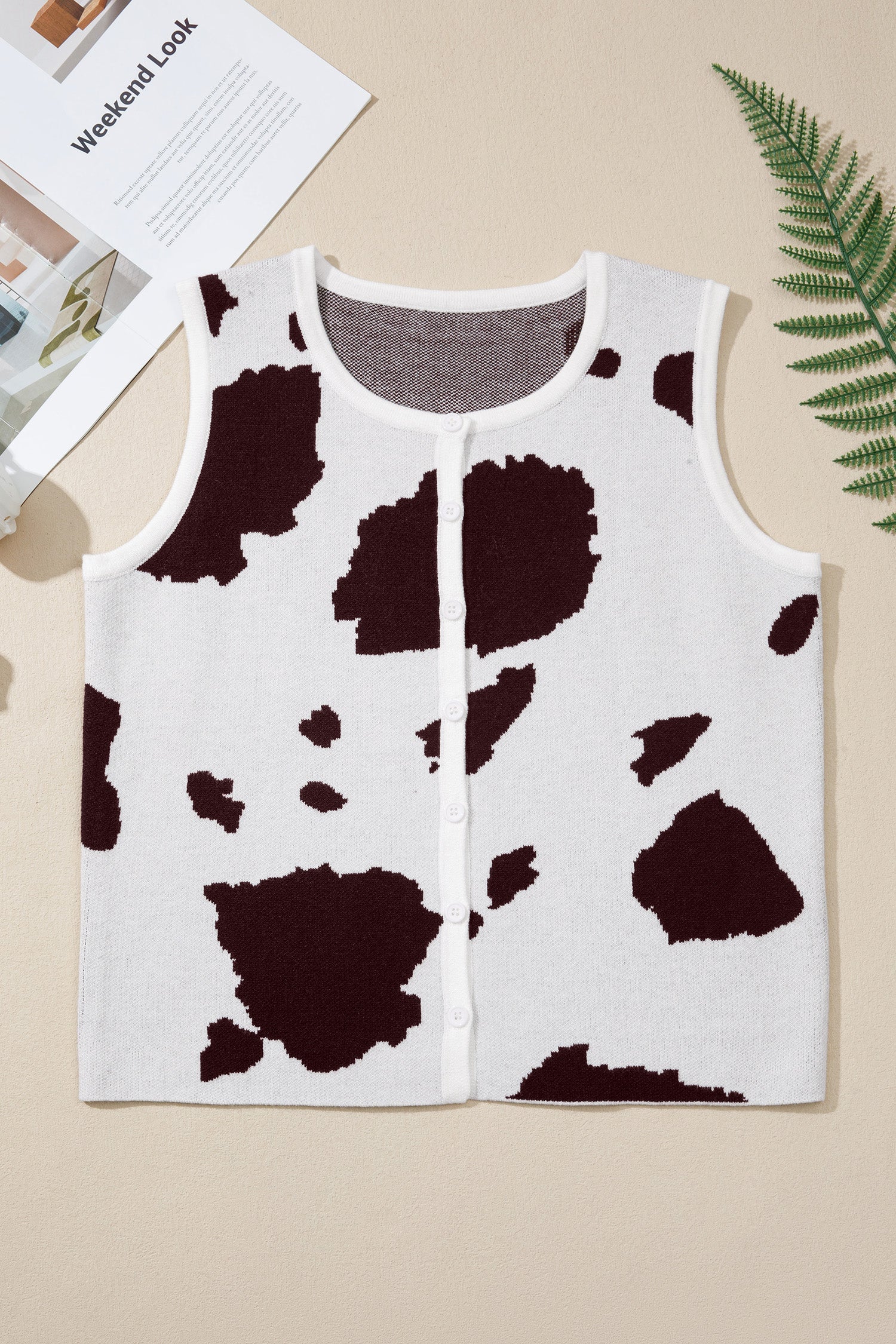 White Western Cow Spots Button Down Sweater Vest