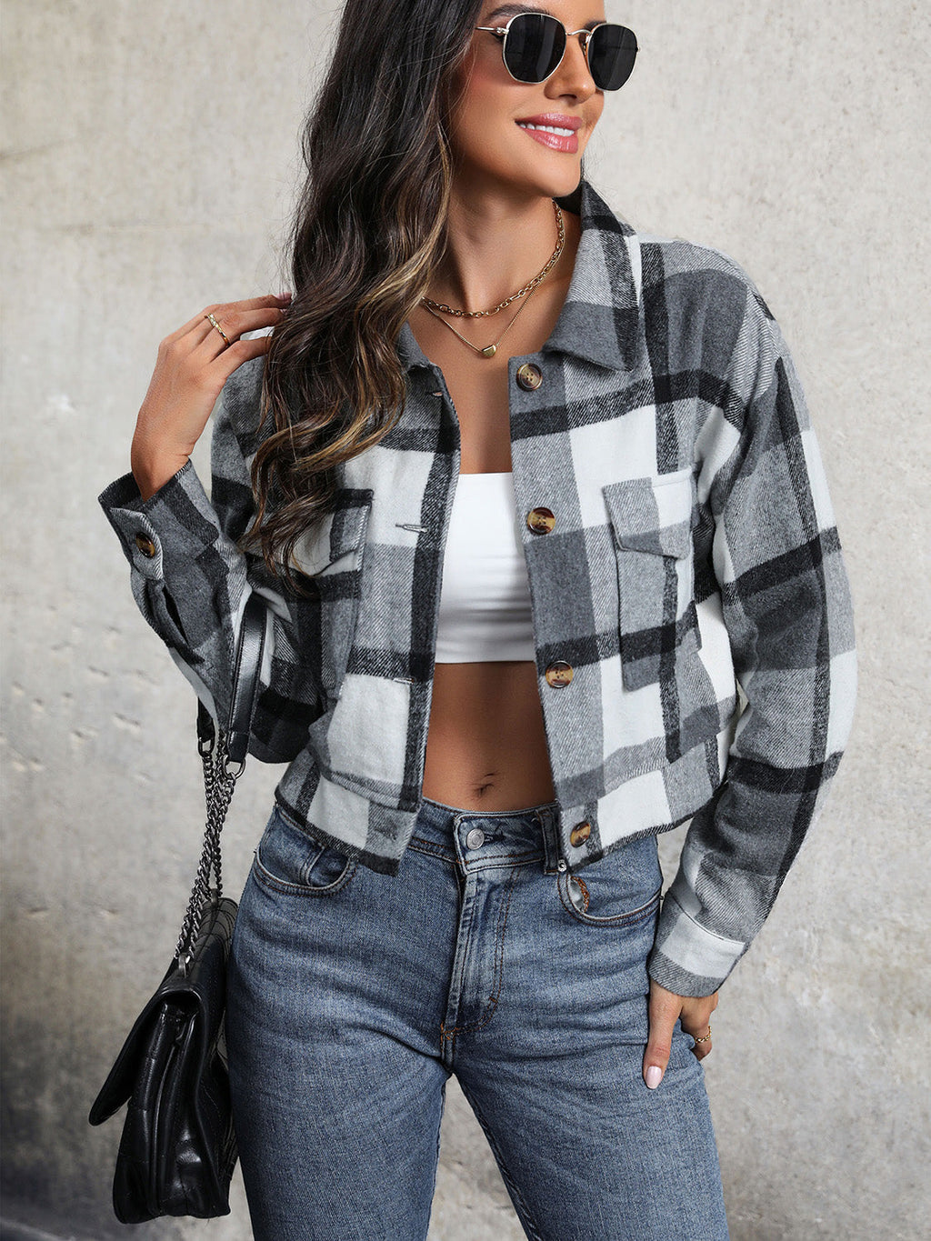 Women Perfee Plaid Button Up Drop Shoulder Cropped Jacket