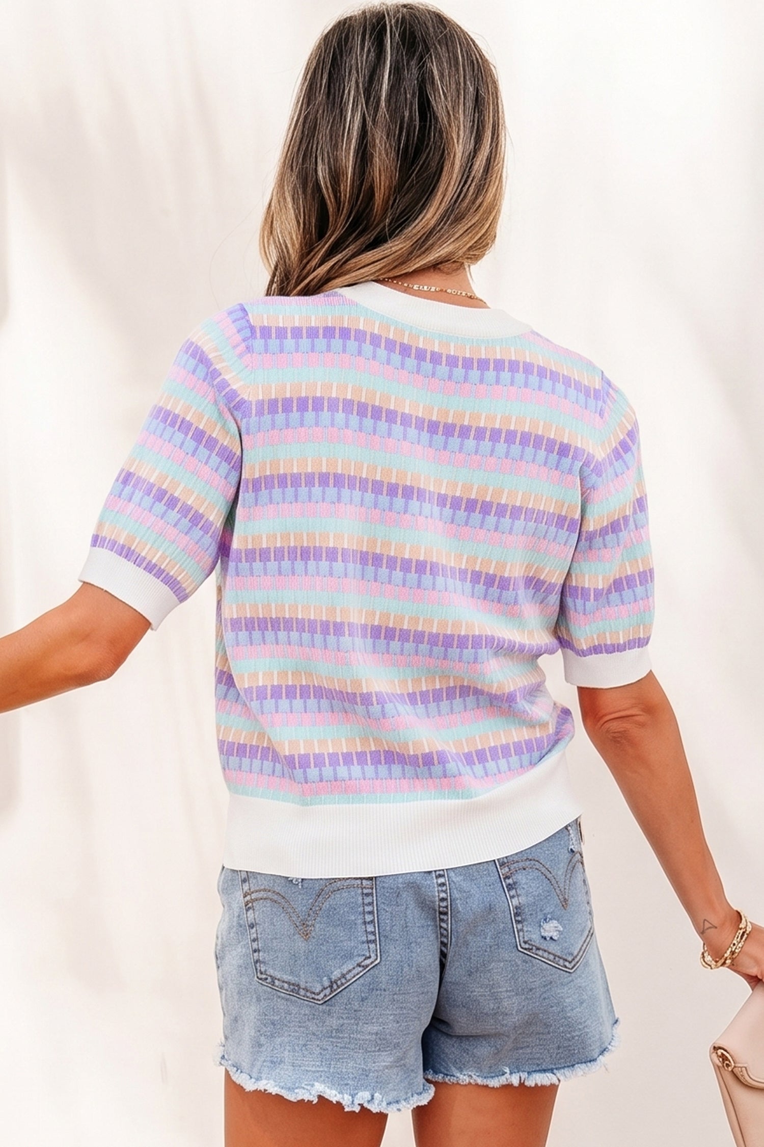Purple Abstract Striped Knit Short Sleeve Sweater