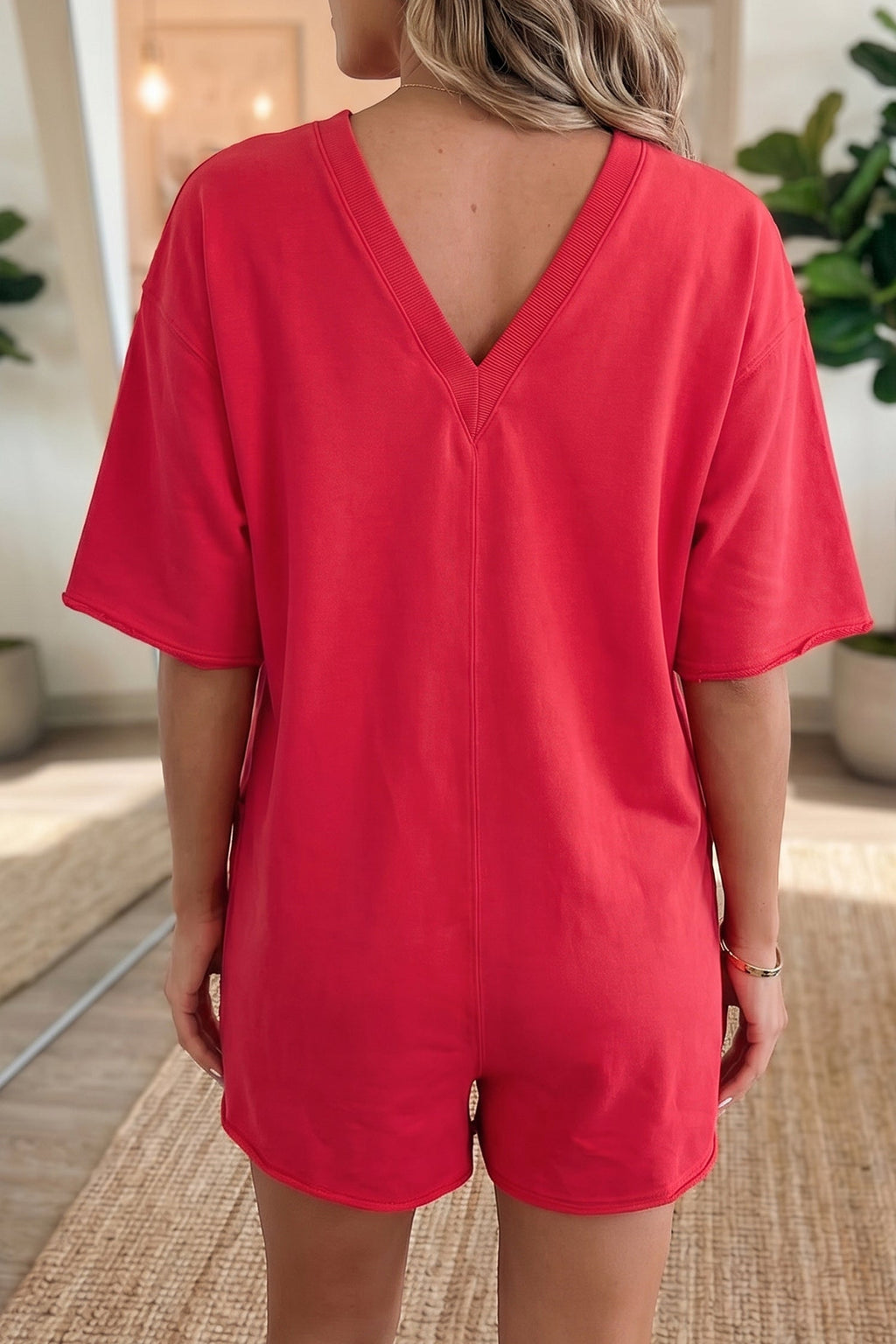 Solid Raw Edge 3/4 Sleeve Pocketed Loose Romper