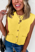 Yellow Cream Solid Color Sleeveless Knit Button Pocketed Sweater
