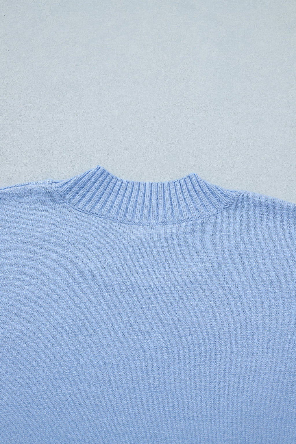 Beau Blue Solid Color Ribbed Trim Round Neck Ruffle Short Sleeve Sweater