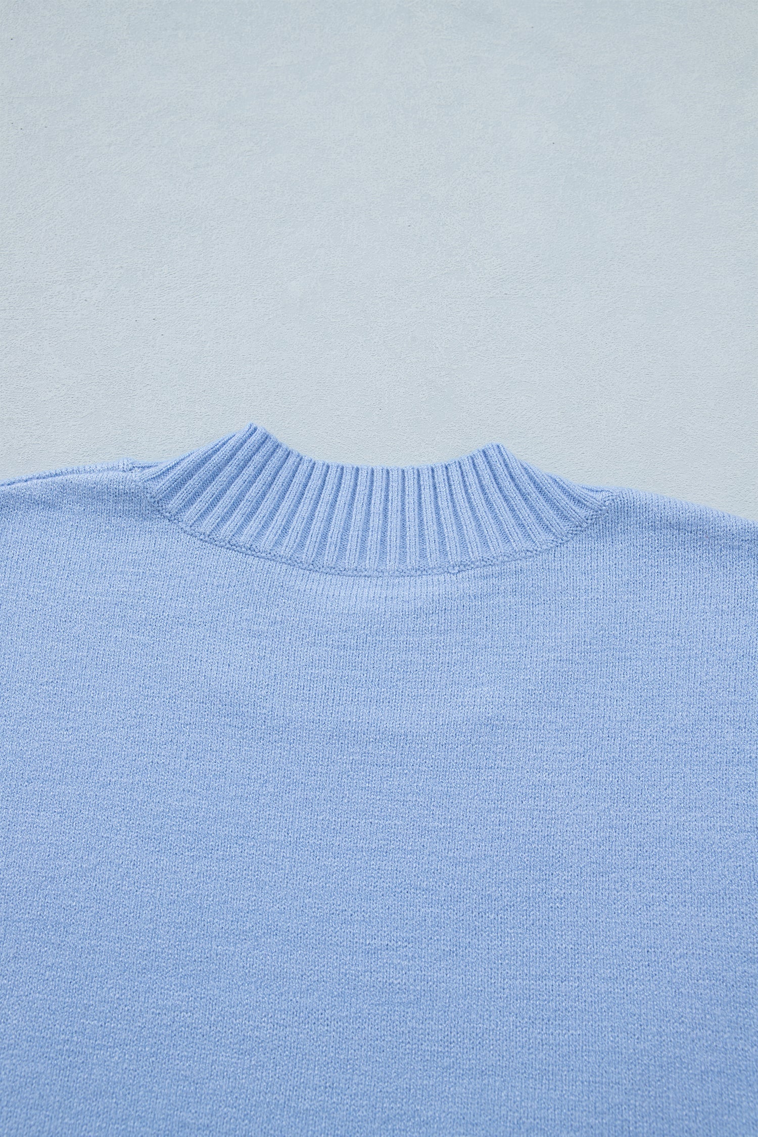 Beau Blue Solid Color Ribbed Trim Round Neck Ruffle Short Sleeve Sweater
