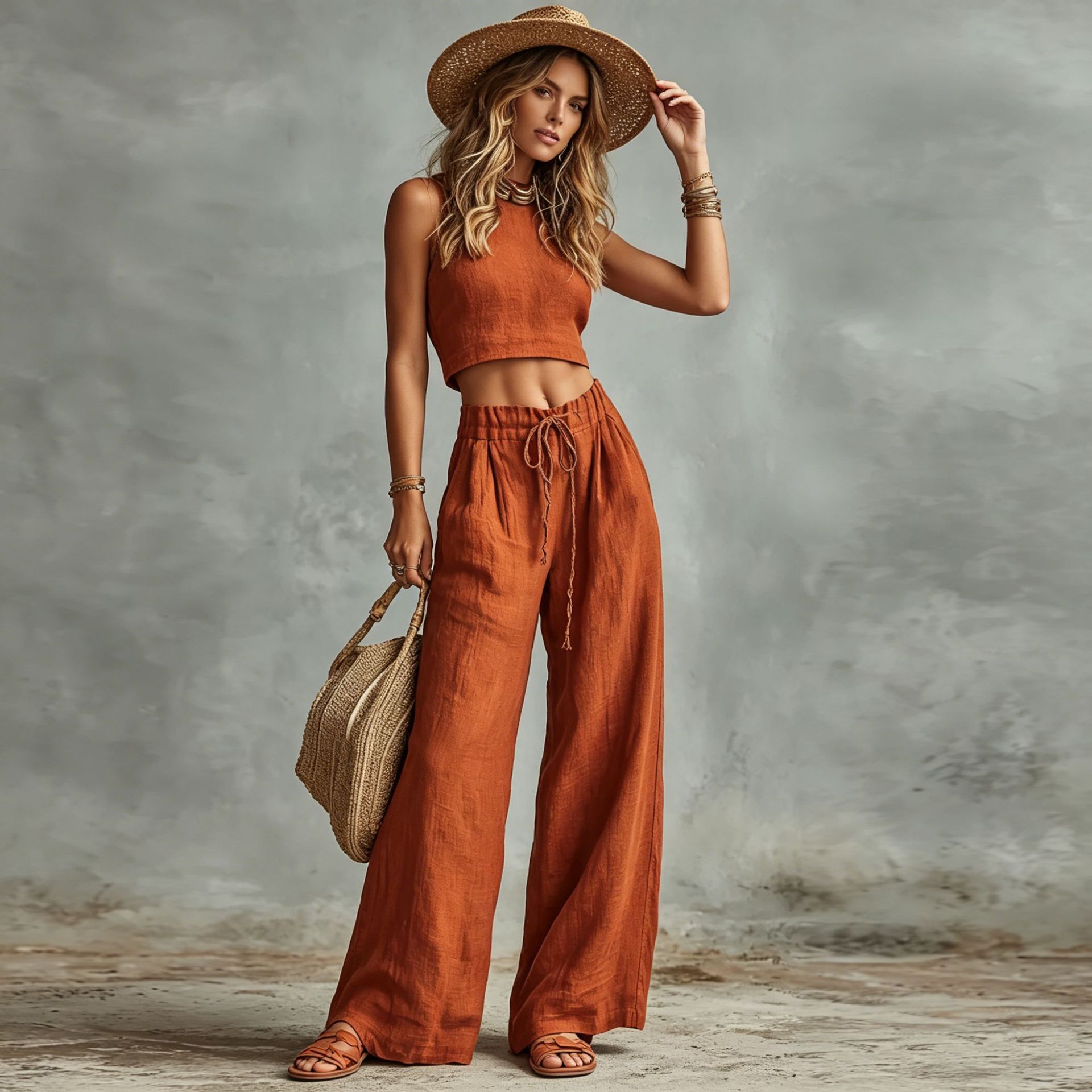 Damen-Set aus ärmelloser Weste und High-Waist-Hose mit weitem Bein und Kordelzug