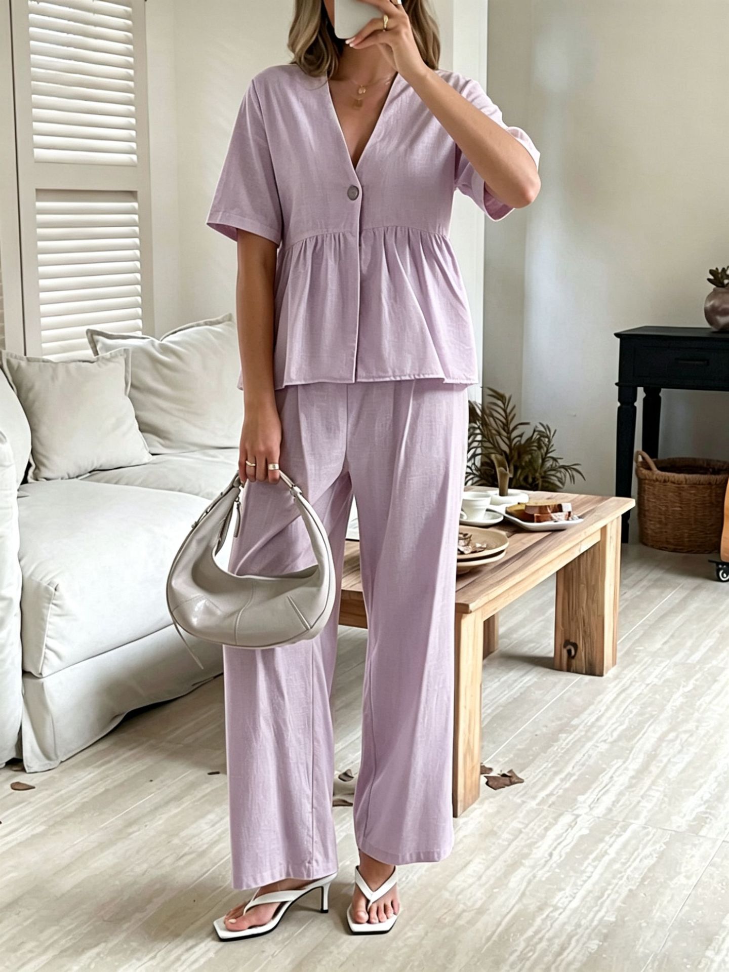 Damen-Set aus lockerem V-Ausschnitt-Oberteil mit kurzen Ärmeln und Hose mit weitem Bein