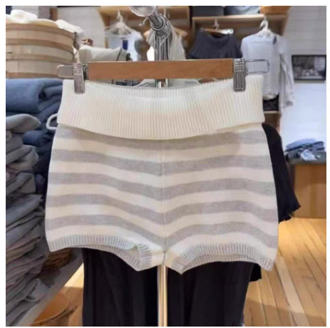 Womens White-Striped Knitted High-Waist Straight Shorts