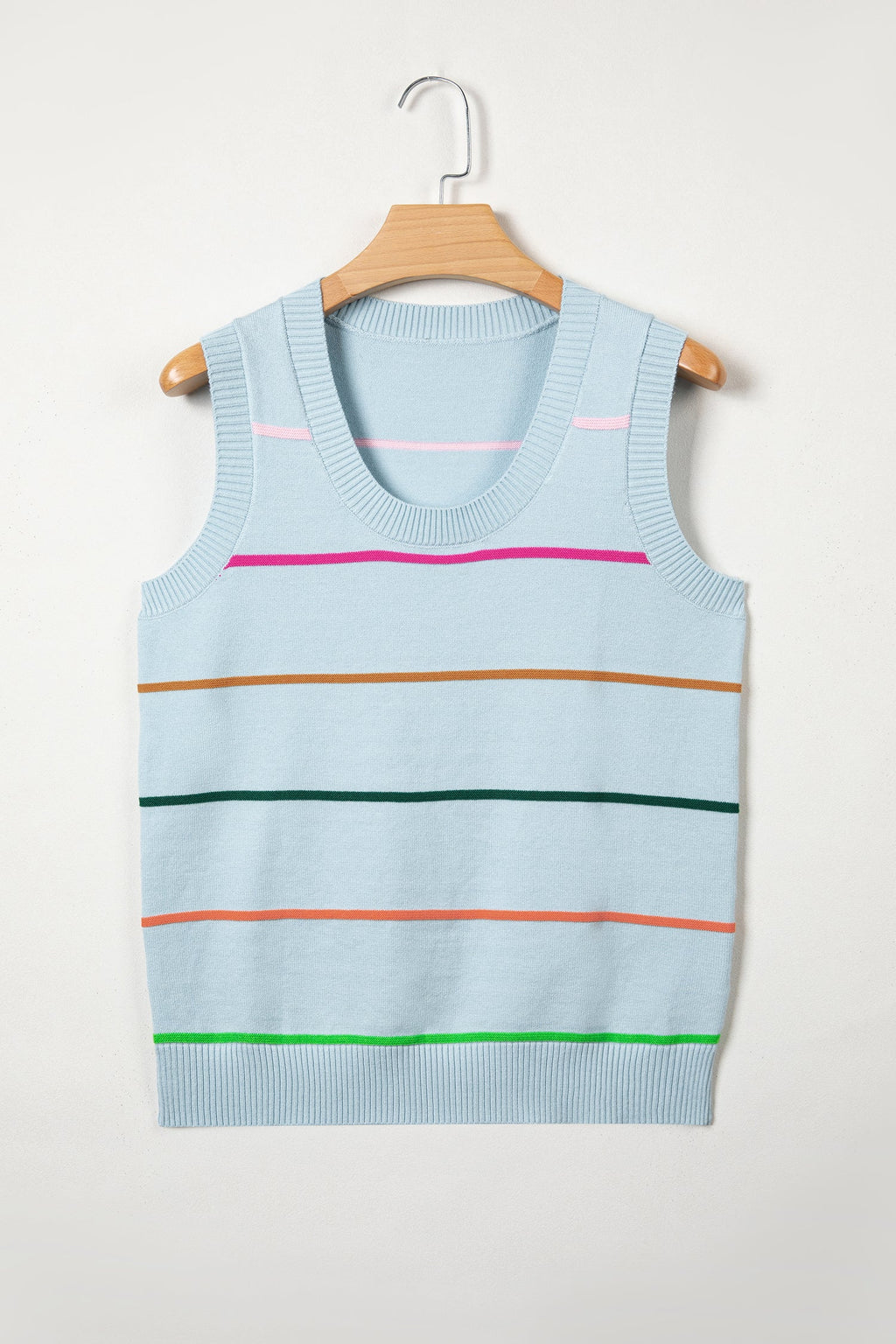 Sky Blue Stripe Round Neck Knitted Sweater Tank