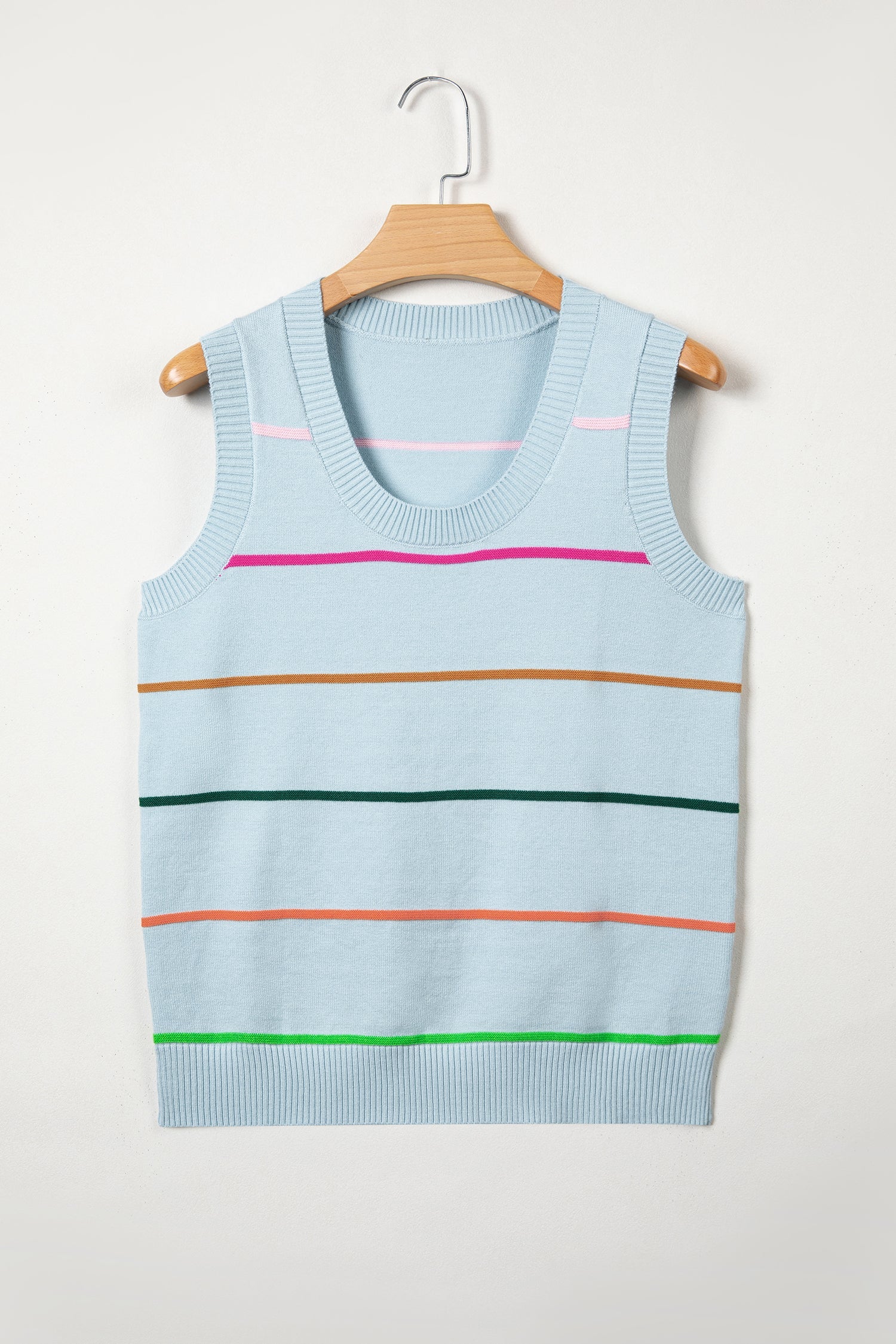 Sky Blue Stripe Round Neck Knitted Sweater Tank