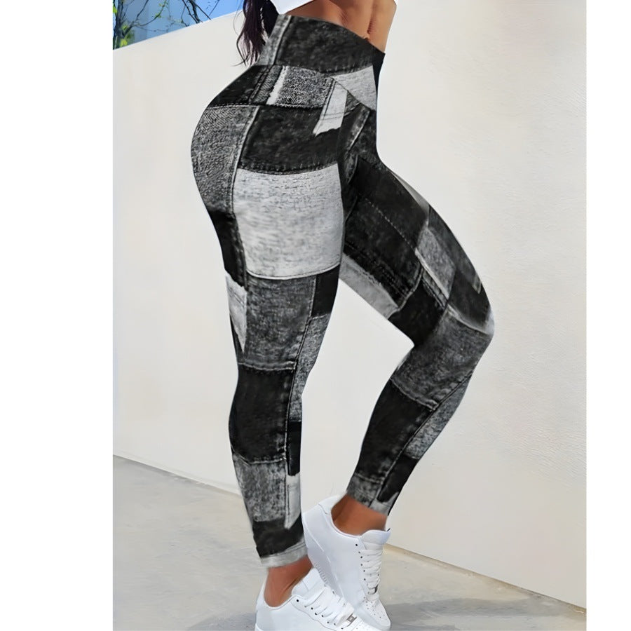 Karierte Pfirsichdruck-Yogahose mit hoher Taille und Bauchkontrolle – Schmale Fitness-Leggings