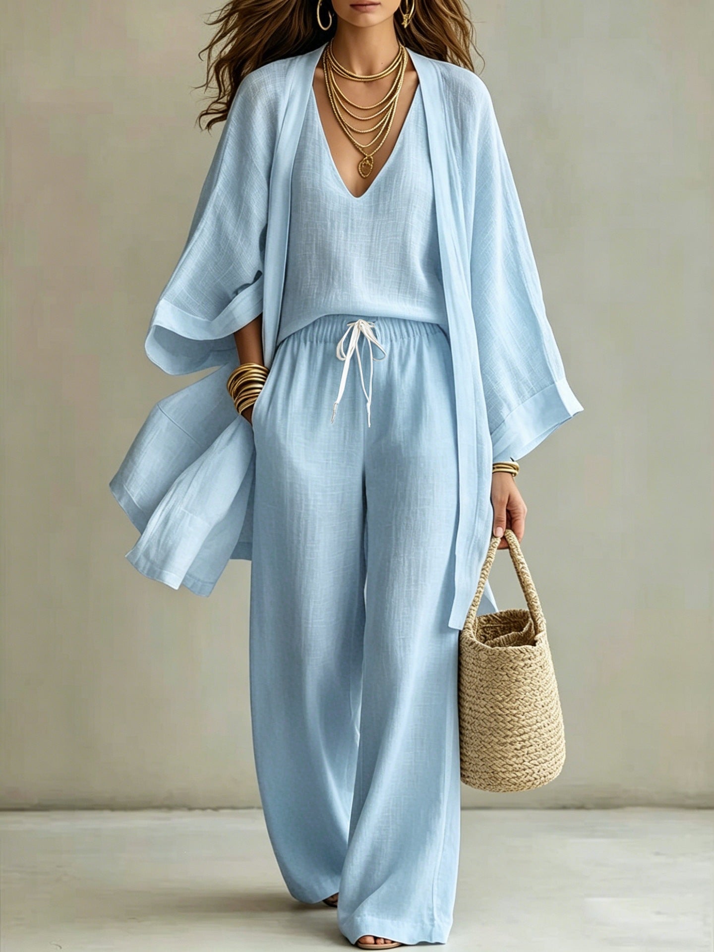 Damen 3-teiliges Set: Cardigan, ärmellose Weste & weite Hose