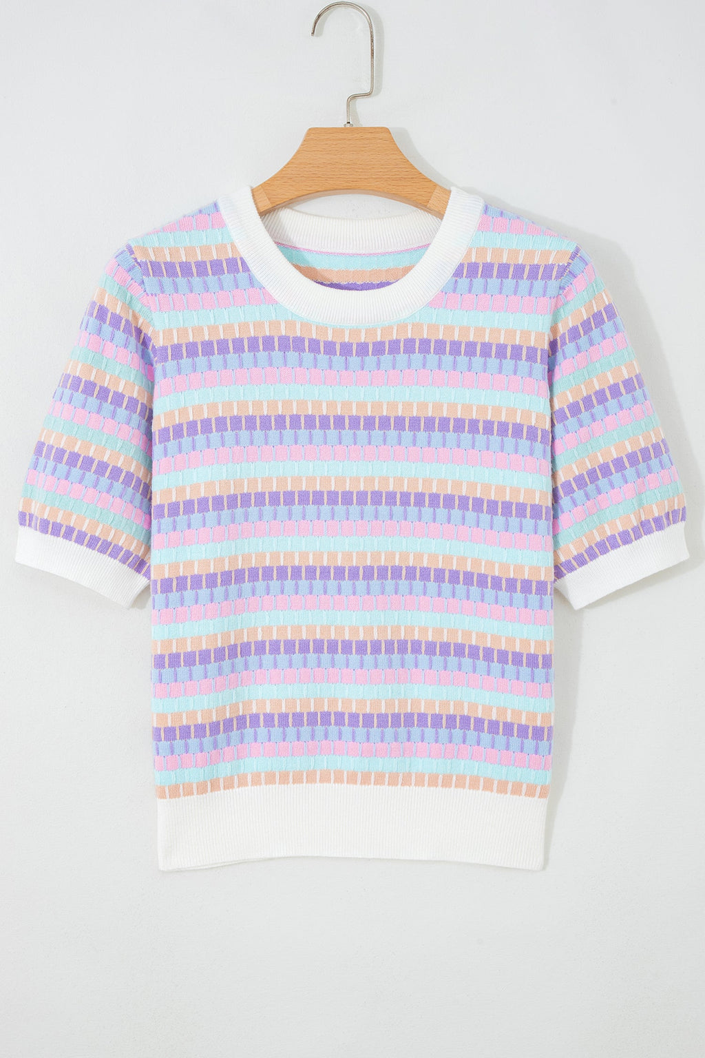 Purple Abstract Striped Knit Short Sleeve Sweater