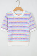Purple Abstract Striped Knit Short Sleeve Sweater