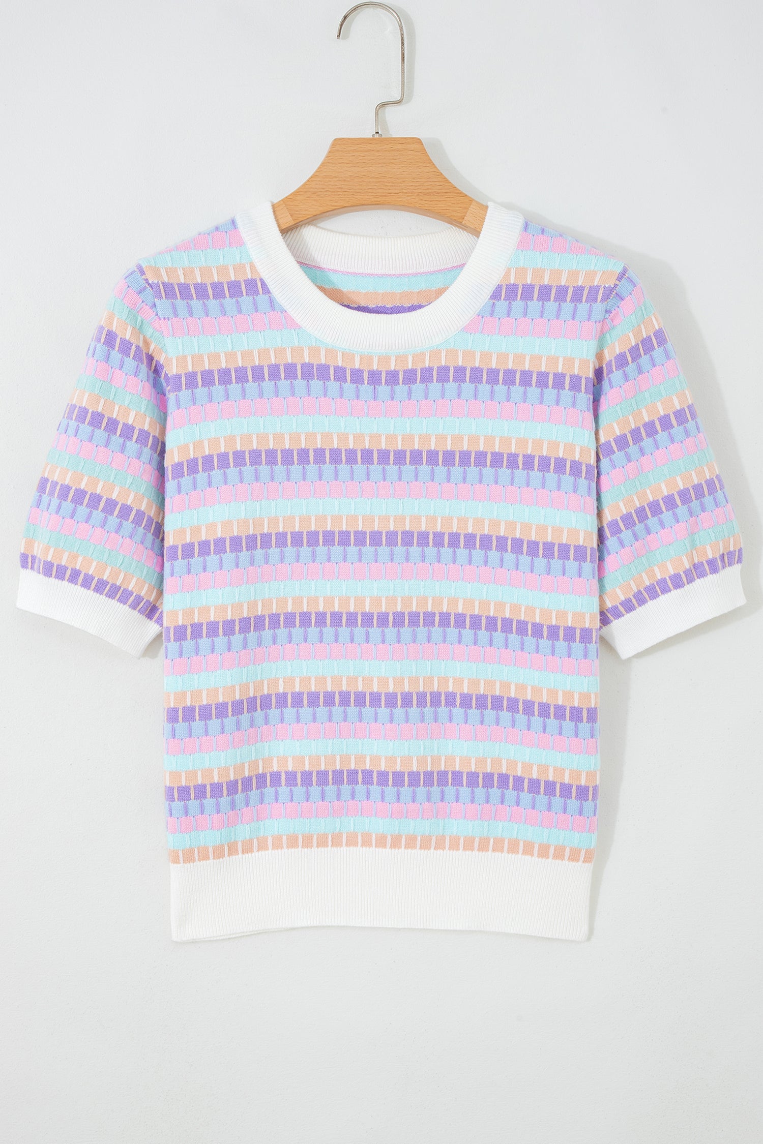 Purple Abstract Striped Knit Short Sleeve Sweater