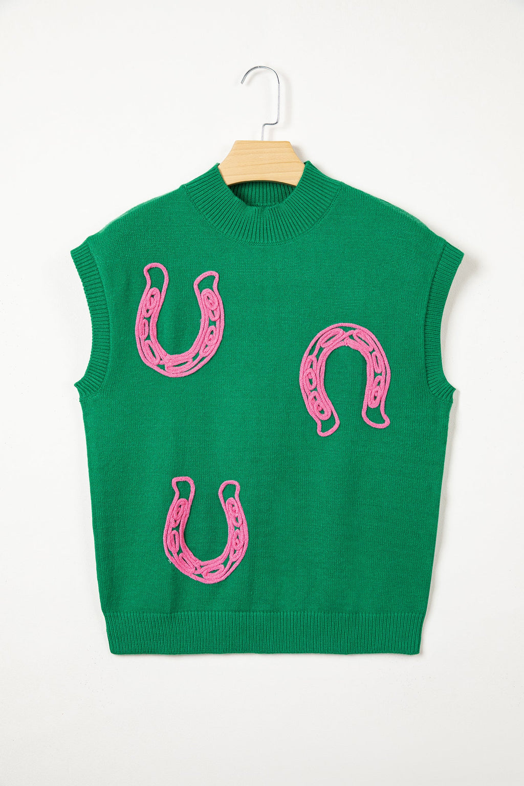 Bright Green Corded Horseshoes Ribbed Trim Mock Neck Short Sleeve Sweater