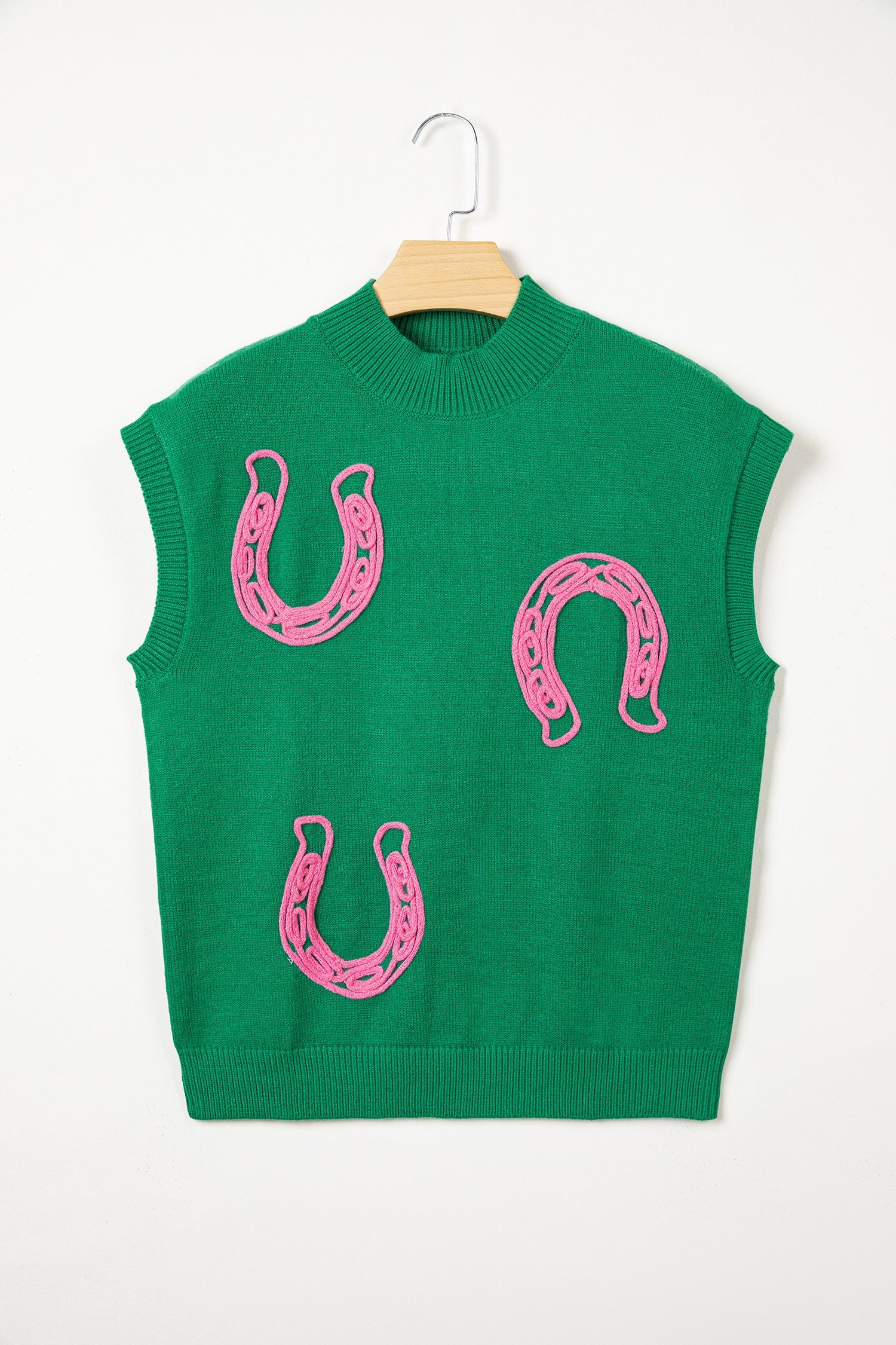 Bright Green Corded Horseshoes Ribbed Trim Mock Neck Short Sleeve Sweater