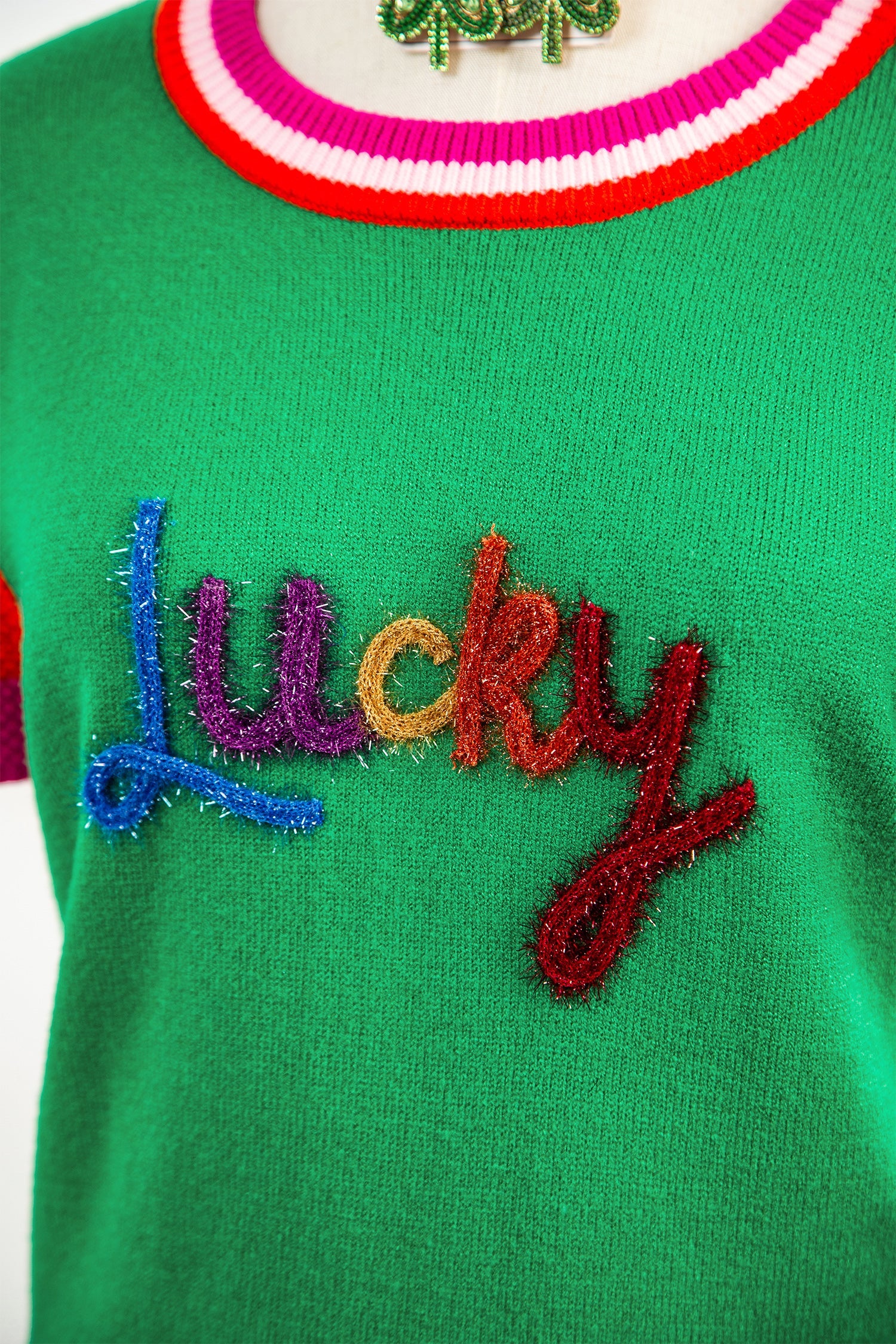 Bright Green Shiny Lucky Striped Flutter Sleeve Round Neck Sweater