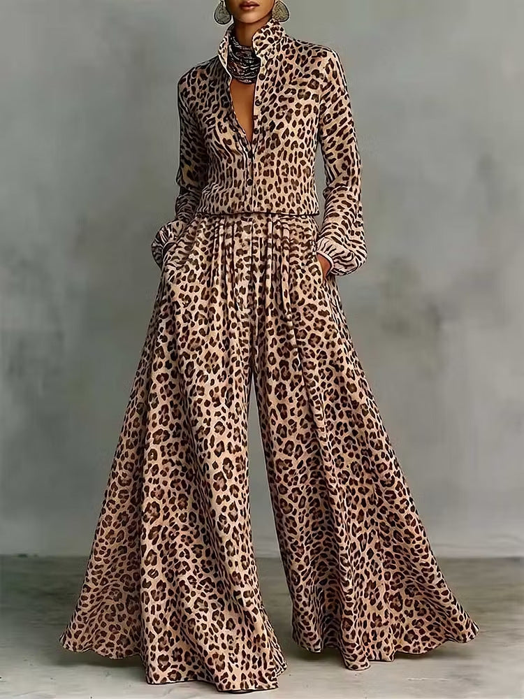 Leopardenmuster Hose mit weitem Bein Set – Freizeit-Zweiteiler für Damen