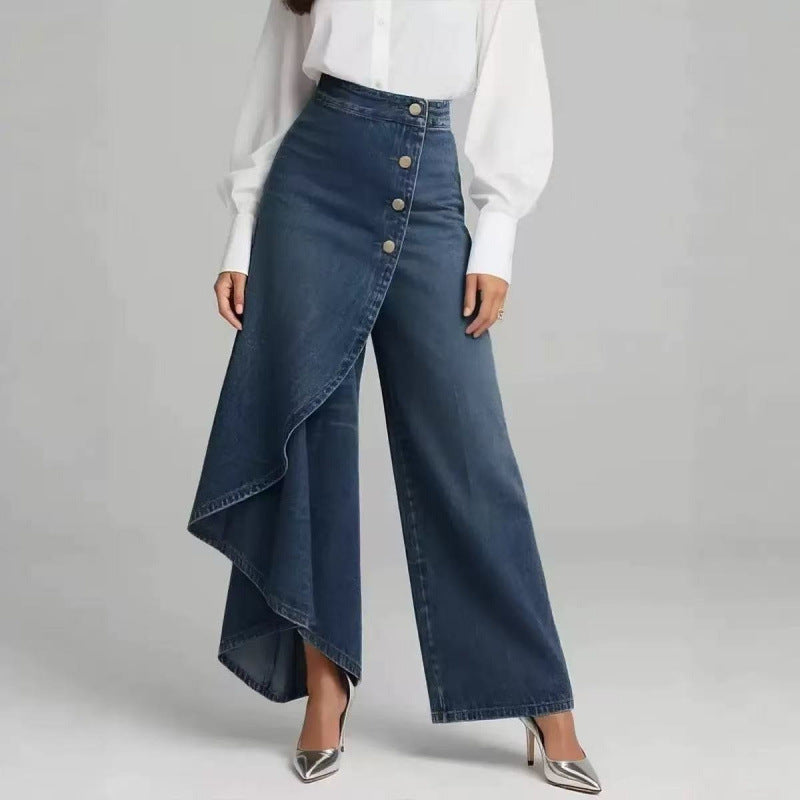 Blue denim wide-leg pants with a white shirt on a gray background