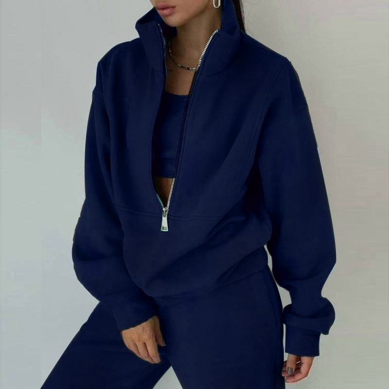 Damen zweiteiliges Set: Langarm-Sweatshirt mit Reißverschlusskragen und schmal geschnittene Hose