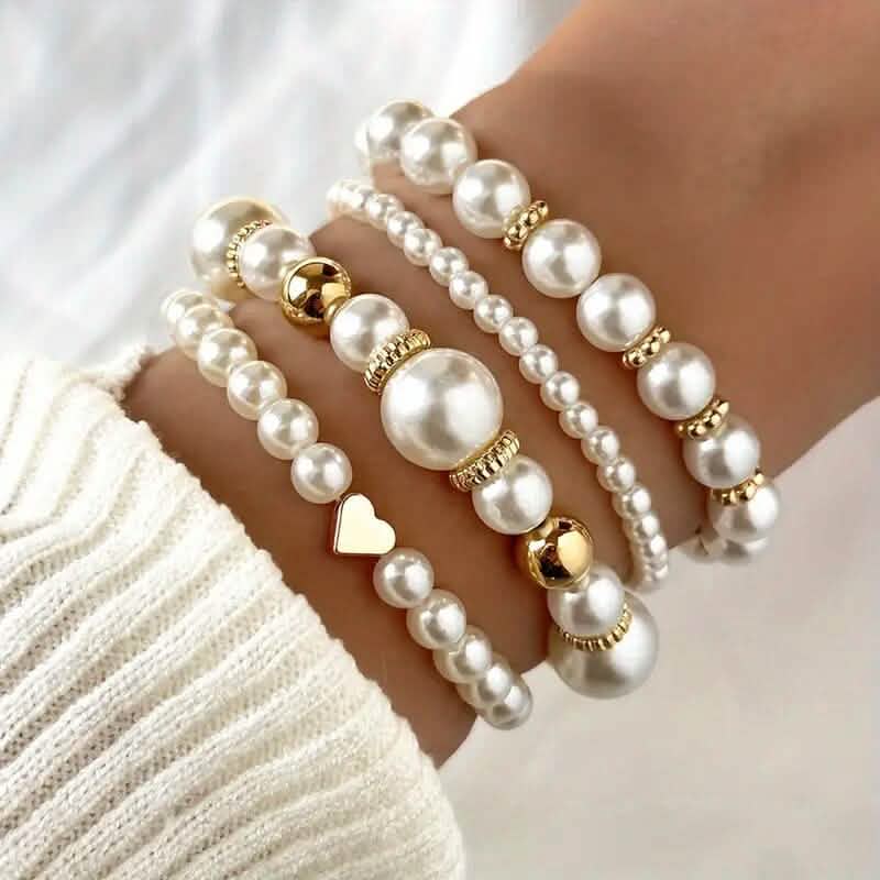 4-Pieces: Elegant White Faux Pearls Beaded Handmade Hand String Jewelry Set
