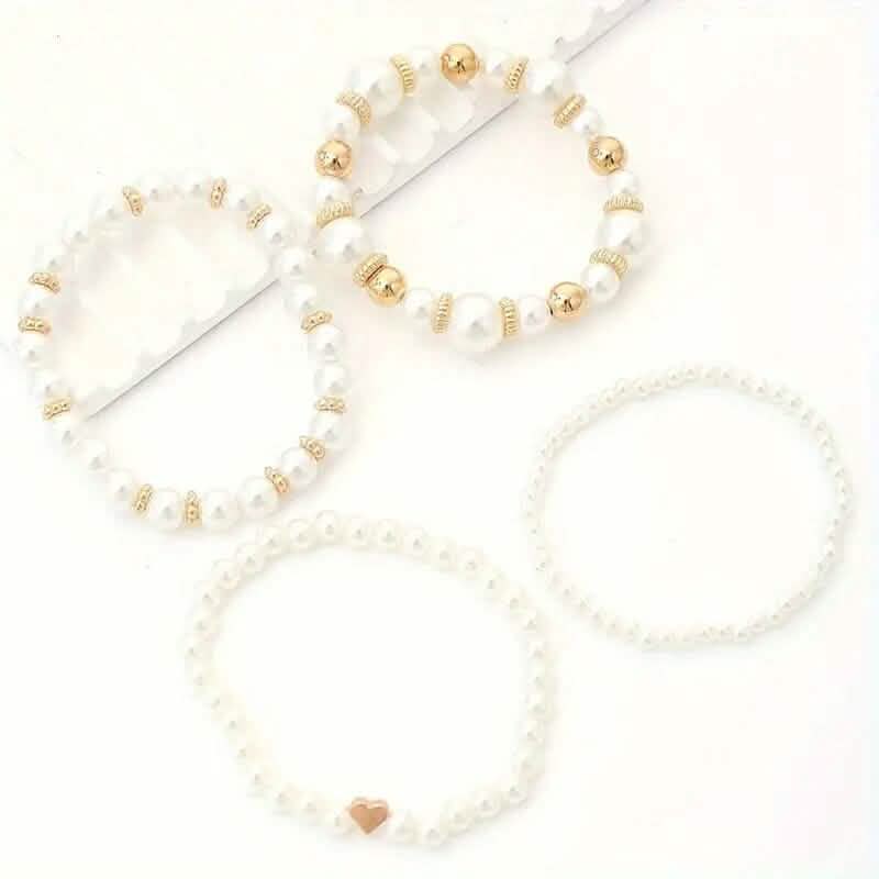 4-Pieces: Elegant White Faux Pearls Beaded Handmade Hand String Jewelry Set