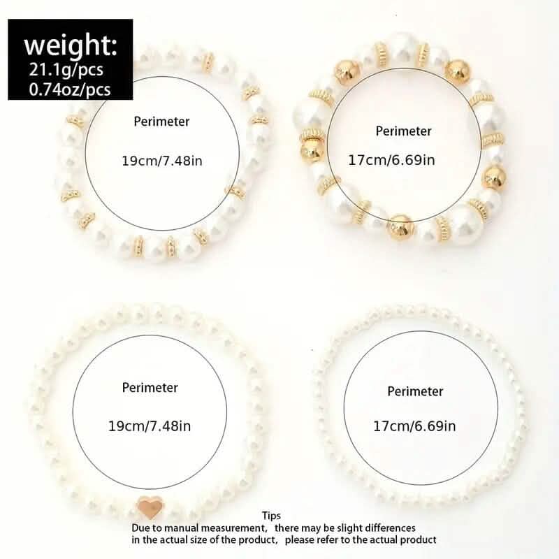 4-Pieces: Elegant White Faux Pearls Beaded Handmade Hand String Jewelry Set
