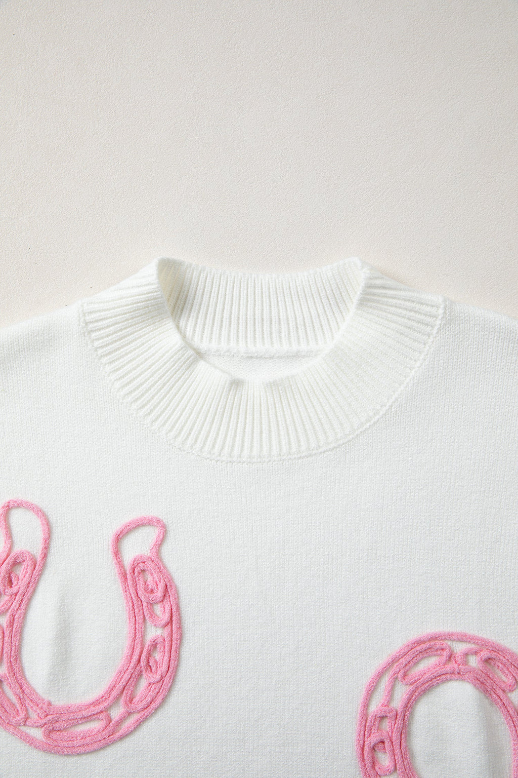 White Corded Horseshoes Ribbed Trim Mock Neck Short Sleeve Sweater