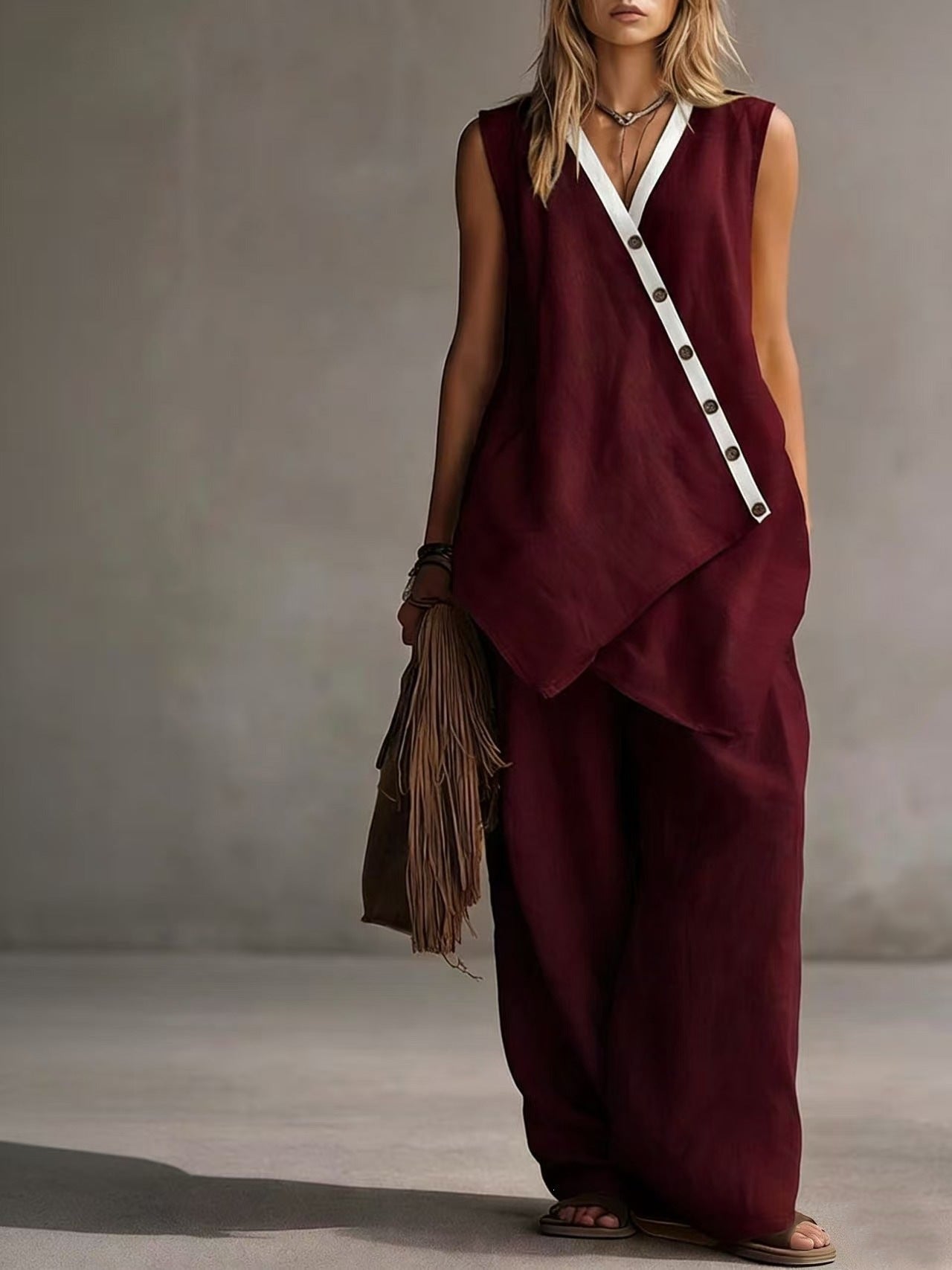 Damen Boho V-Ausschnitt Knopfleiste Weste & Weite Hose Set