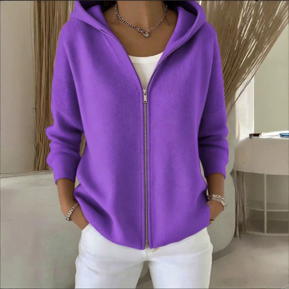 Zip-Up Knitted Hooded Cardigan Coat – Women’s Sweater in purple