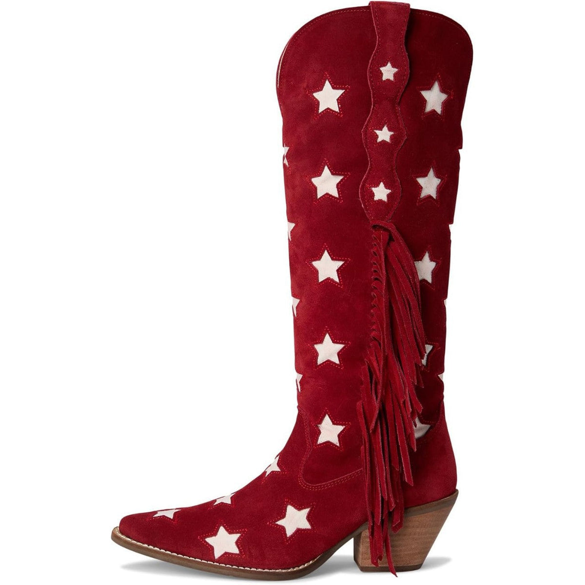 Red cowboy boot with white star patterns and fringes on a white background