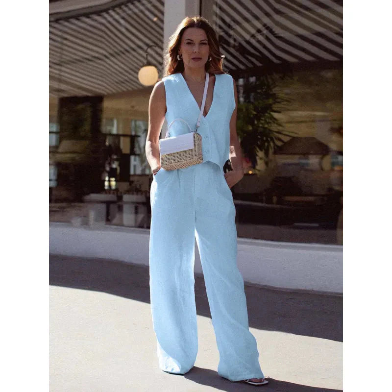 Damen-V-Ausschnitt-Weste mit Knopfleiste & Hose mit hoher Taille Set