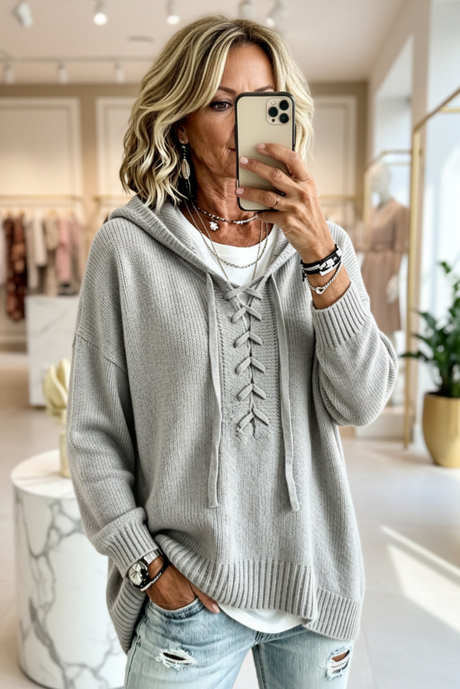 Lace-Up V-Neck Hooded Knit Sweater | Drop Shoulder Oversized Pullover in gray