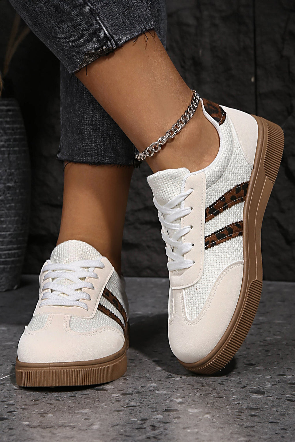 Coffee Textured Woven PU Leather Leopard Patchwork Flat Sneakers