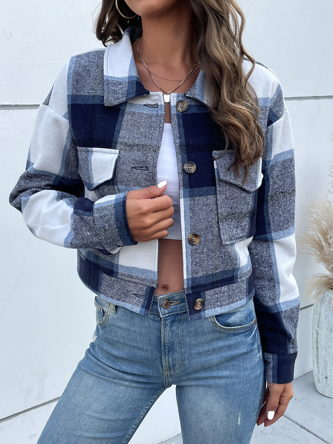 Women Perfee Plaid Button Up Drop Shoulder Cropped Jacket