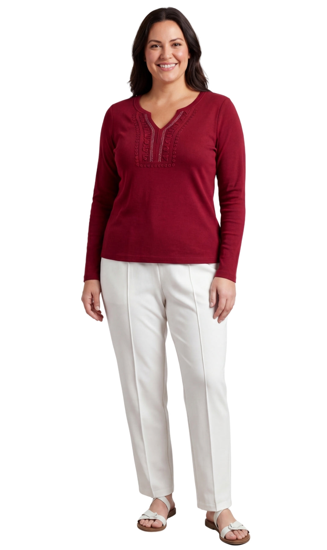 Women's Open Crochet And Jewel Trim V-Neck Knit Top in Cotton Rib Knit