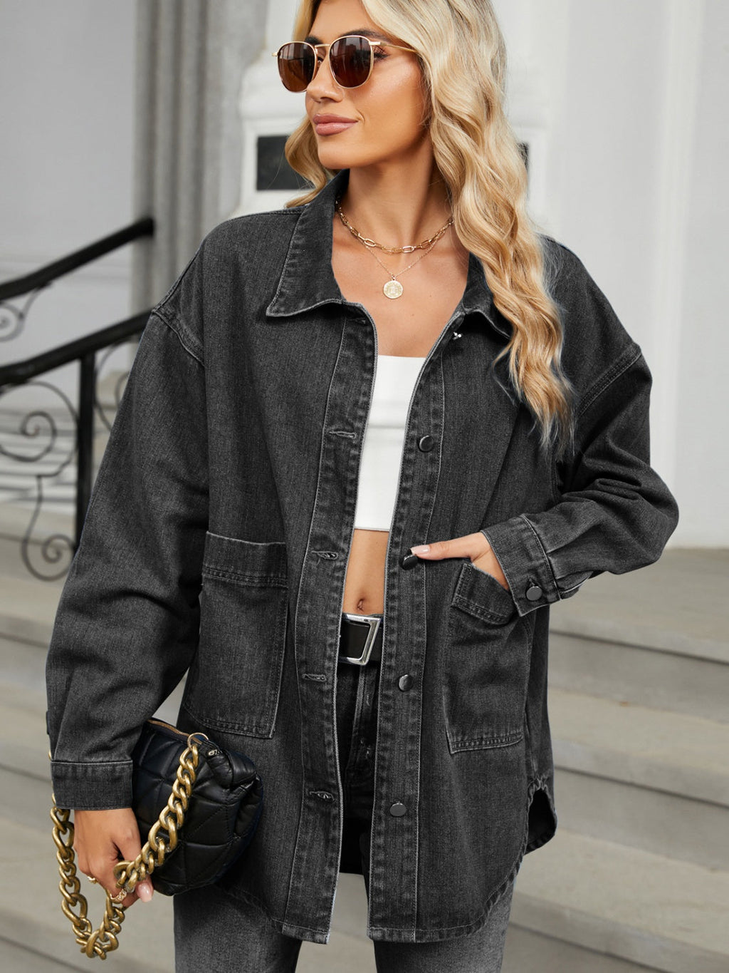 Women Removable Hood Button Up Long Sleeve Denim Jacket