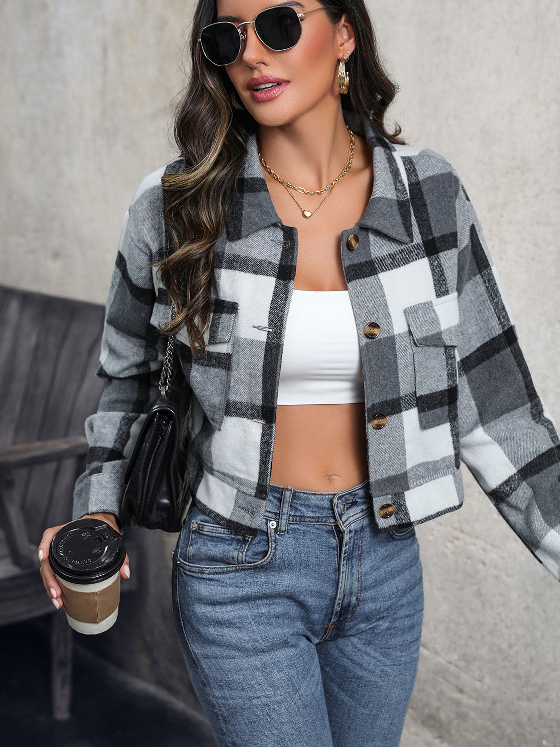 Women Perfee Plaid Button Up Drop Shoulder Cropped Jacket