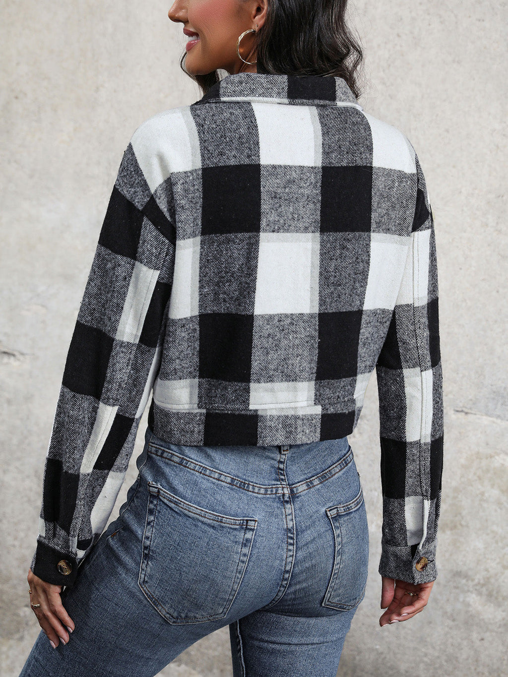 Women Perfee Plaid Button Up Drop Shoulder Cropped Jacket