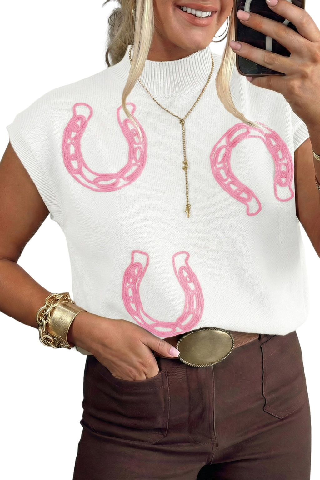 White Corded Horseshoes Ribbed Trim Mock Neck Short Sleeve Sweater