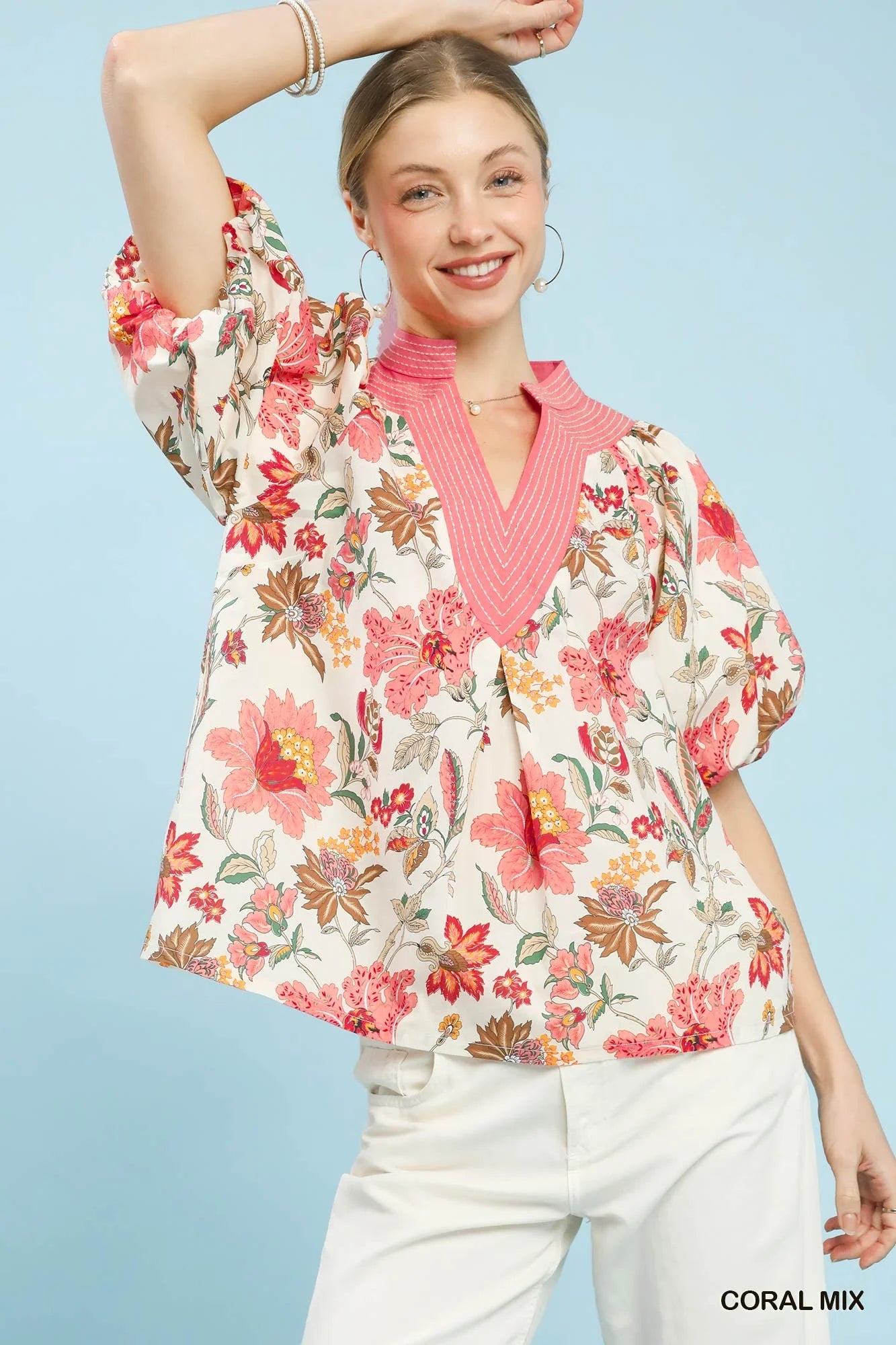 Umgee Mix Floral Puff Sleeve Blouse in Coral