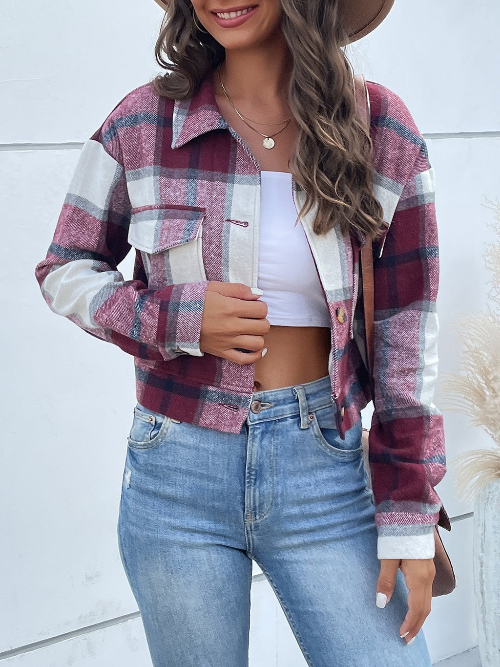 Women Perfee Plaid Button Up Drop Shoulder Cropped Jacket