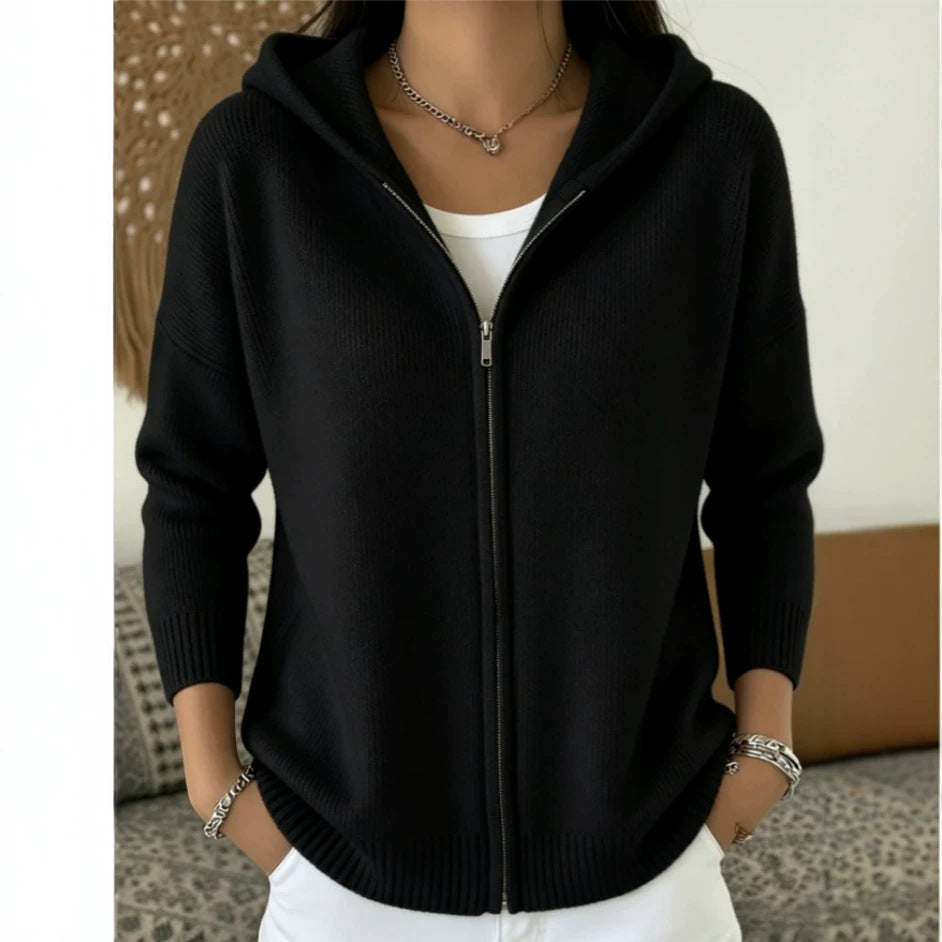 Zip-Up Knitted Hooded Cardigan Coat – Women’s Sweater in black