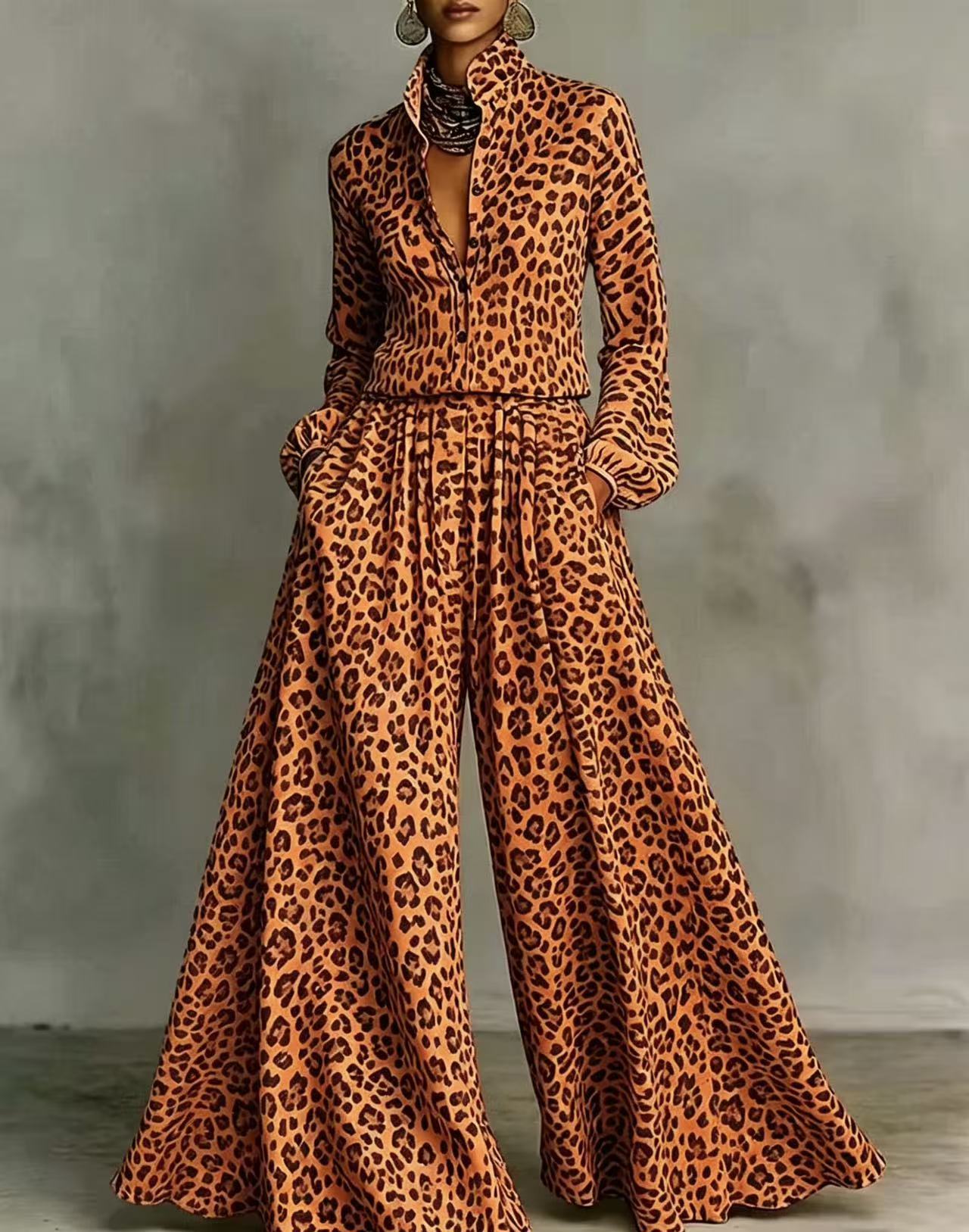 Leopardenmuster Hose mit weitem Bein Set – Freizeit-Zweiteiler für Damen