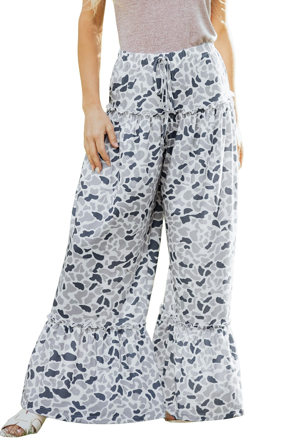 Beige Camo Print Wide Leg Casual Pants