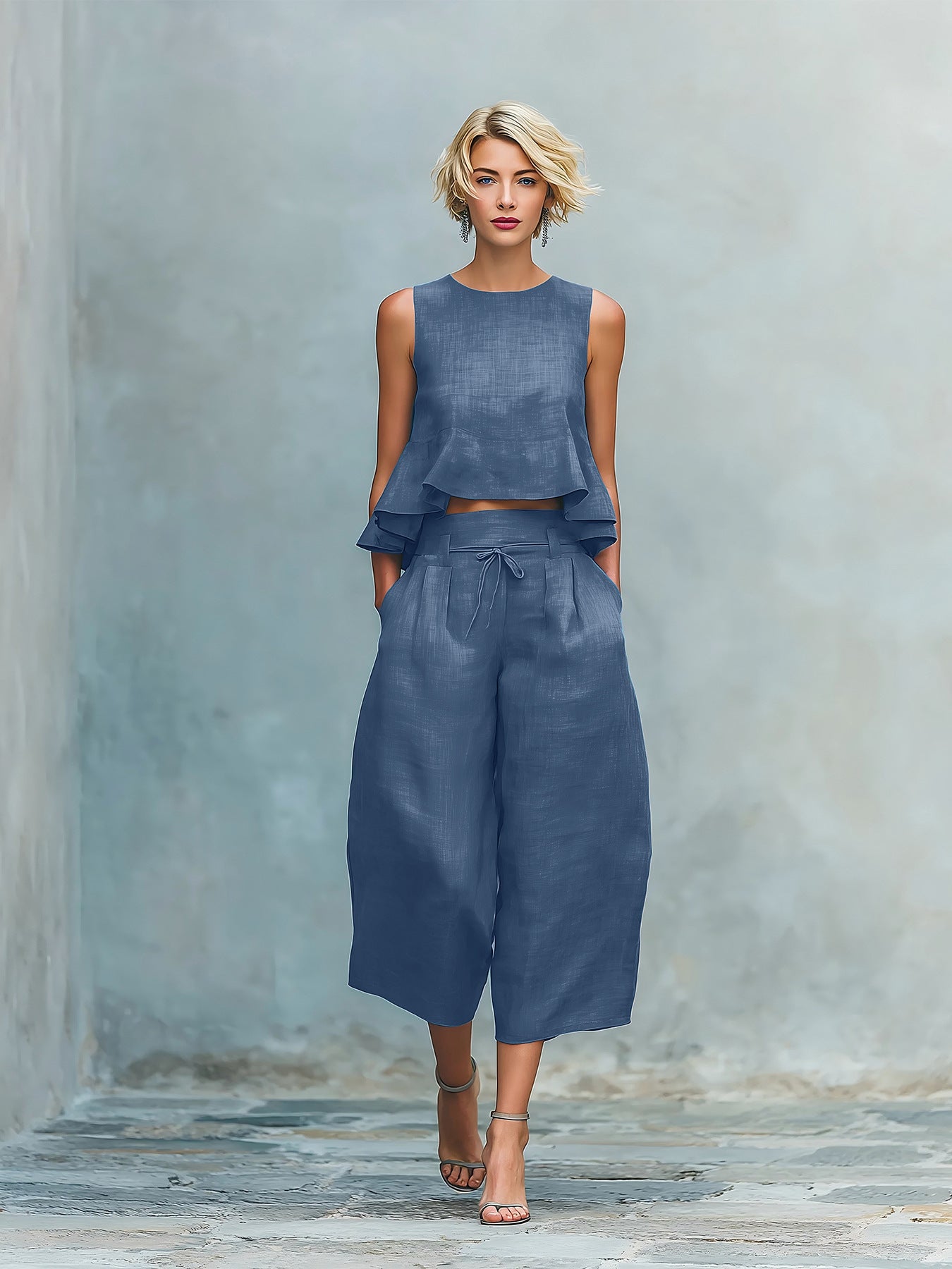 Ärmelloses zweiteiliges Leinen-Set für Damen mit Rüschen-Details