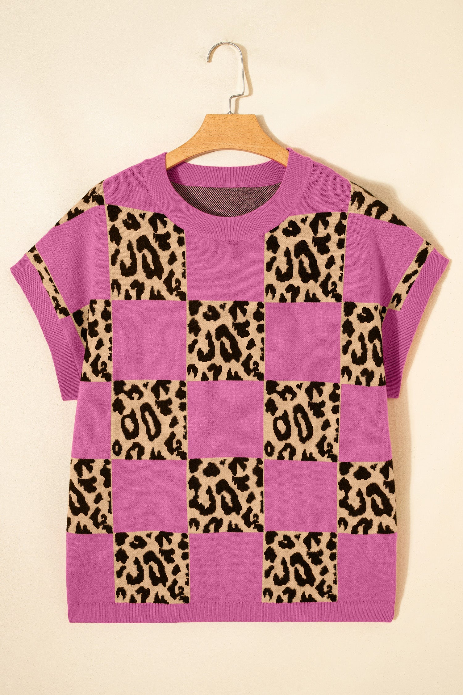Rose Red Leopard Checkerboard Short Sleeve Knit Sweater